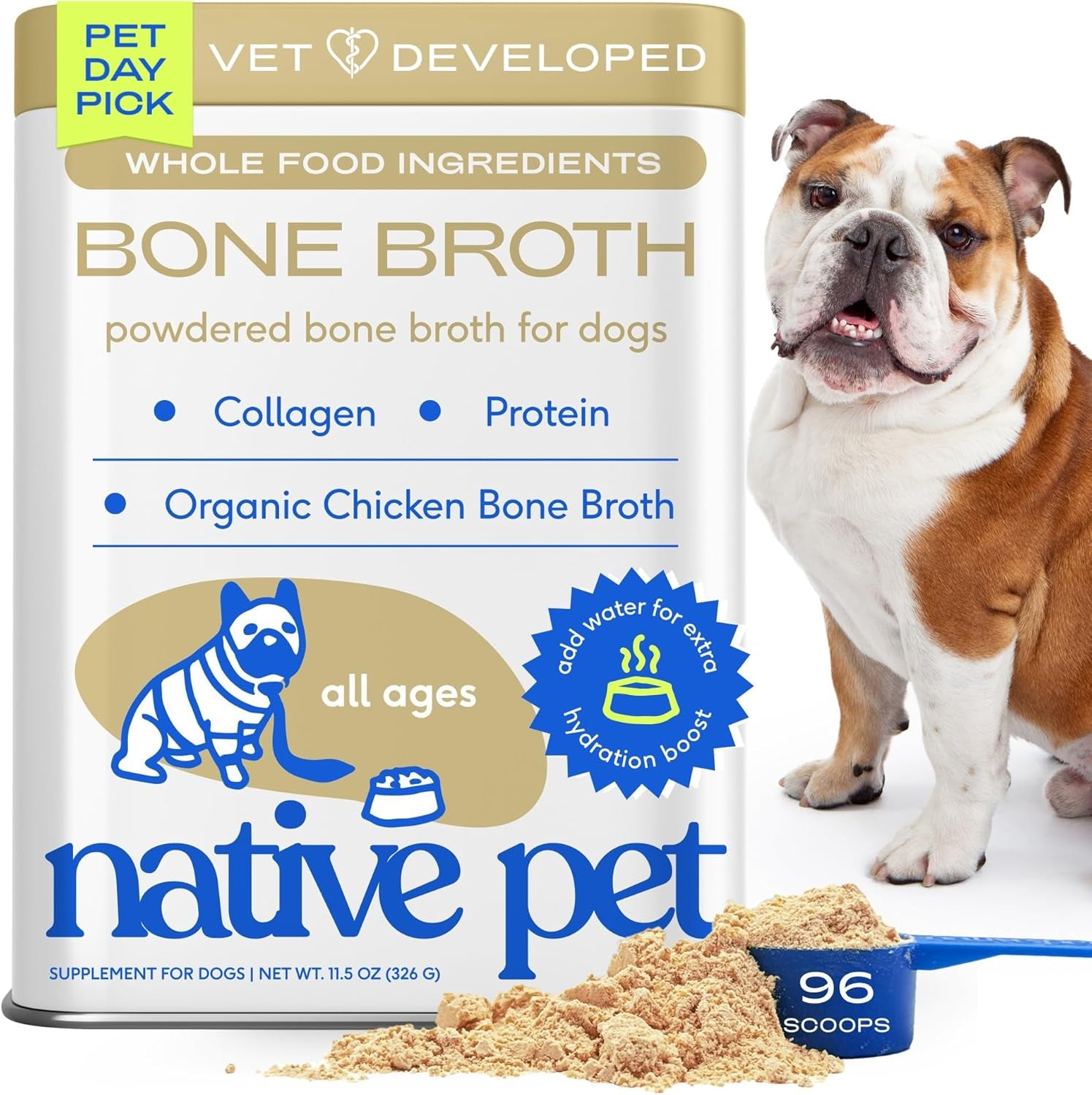 Bone Broth for Dogs and Cats – Dog Bone Broth Powder for Dog Food Topper for Picky Eaters – Cat and Dog Broth - Dog Gravy Topper for Dry Food – Chicken Broth for Dogs and Cast – 11.5 Oz